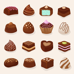 Cartoon chocolate desserts and candies vector set
