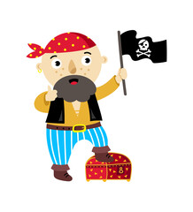 Pirate character with jolly roger flag icon. Children drawing of pirate concept vector illustration isolated on white background.