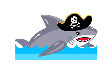Shark in pirate hat icon. Children drawing of pirate concept vector illustration isolated on white background.