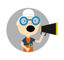 Old lady with megaphone round avatar icon isolated on white background vector illustration. People pictogram in flat design.