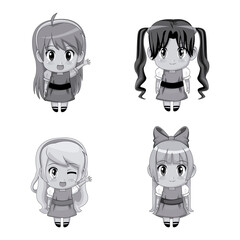 Obraz na płótnie Canvas monochrome set full body cute anime tennagers girls facial expression vector illustration