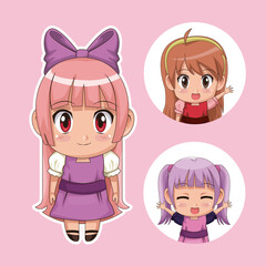 color set cute anime tennagers girl in dress with several facial expressions vector illustration