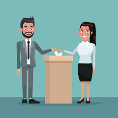 Obraz premium background scene couple male and female people in formal suit vote in urn for candidate vector illustration