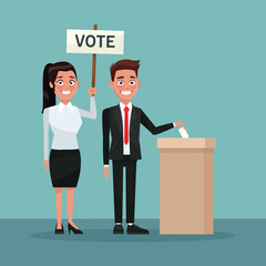 background scene man in formal suit vote in urn for candidate and woman ponytail hairstyle with poster vector illustration