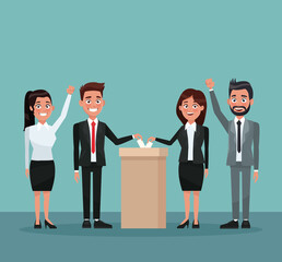 background scene set people in formal suit vote in urn for candidate vector illustration