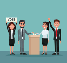 background scene set people in formal suit vote in urn for candidate and banner promoving voting vector illustration