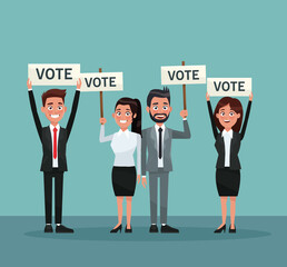 background scene set people in formal suit with banner promoving voting vector illustration