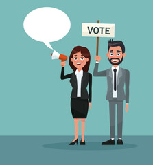 background scene people woman in formal suit speaks for dialog box and beard man with banner promoving vote vector illustration