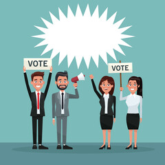 background scene set people in formal suit speaks for dialog box and banner promoving vote vector illustration