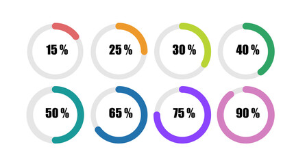 Set of circle percentage diagrams for infographics. Bright different colors. Vector illustration.