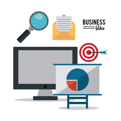 colorful poster of business idea with desktop computer in search of business target vector illustration