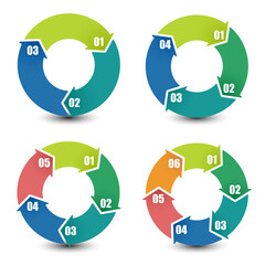 Set og circle infographic templates 3, 4, 5, 6 steps. For presentation and design concept. Bright color arrows. Vector illustration.