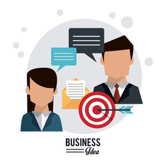 colorful poster of business idea with half body faceless of business couple with speech dialogue and target vector illustration