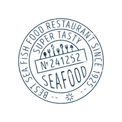 Seafood round stamp icon. Fast food restaurant menu element vector illustration isolated on white background.