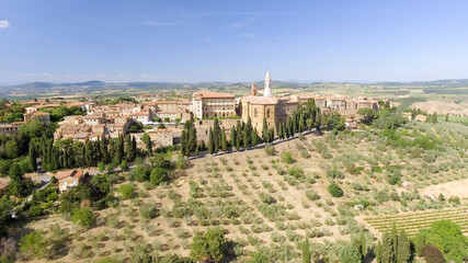 Fototapeta na wymiar Beautiul aerial view of Pienza, Tuscany medieval town on the hill
