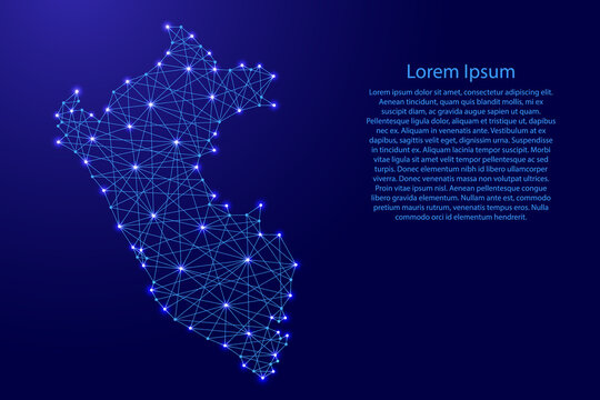 Map of Peru from polygonal blue lines and glowing stars vector illustration