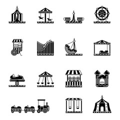 Black icon set of amusement park, carousel and other attractions. Vector illustrations