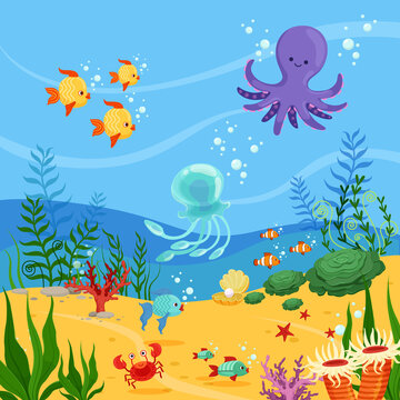 Underwater background illustration with ocean animals, plants and fishes. Vector pictures