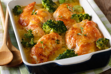 Nourishing food: Chicken fillet and broccoli baked in cheese sauce close up in a dish. horizontal
