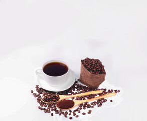 White cup and black coffee ,Coffee beans  for drip coffee  and Coffee beans