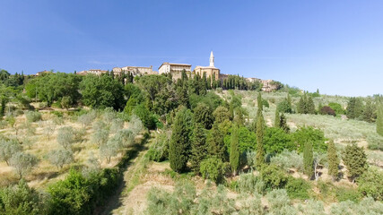 Fototapeta premium Beautiul aerial view of Pienza, Tuscany medieval town on the hill