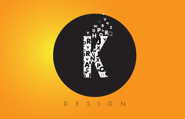 K Logo Made of Small Letters with Black Circle and Yellow Background.