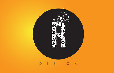 R Logo Made of Small Letters with Black Circle and Yellow Background.