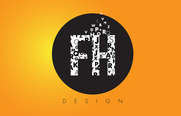 FH F H Logo Made of Small Letters with Black Circle and Yellow Background.