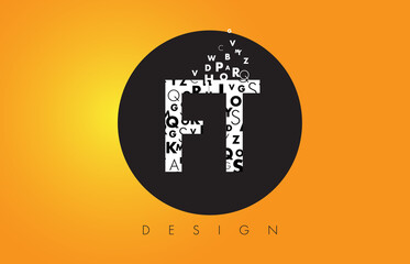 FT F T Logo Made of Small Letters with Black Circle and Yellow Background.