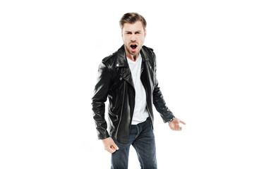 emotional man in leather jacket screaming at camera isolated on white