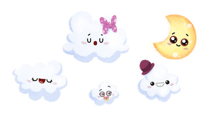 Cielo de noche con nubes, estrellas y luna con ojos con fondo blanco