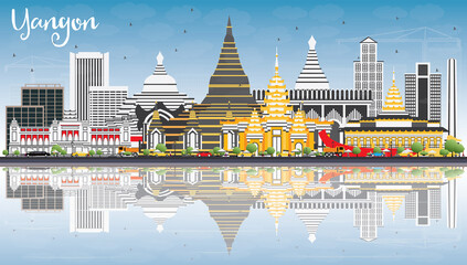 Yangon Skyline with Gray Buildings, Blue Sky and Reflections.