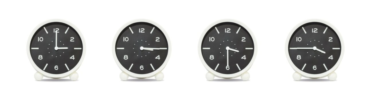 Closeup group of black and white clock with shadow for decorate show the time in 3 , 3:15 , 3:30 , 3:45 p.m. isolated on white background , beautiful 4 clock picture in different time