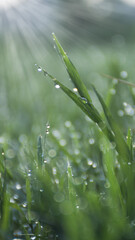 Morning dew on glass leaves under ray of light, abstract background, nature and outdoor concept