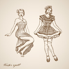 Engraving vintage smiley woman portrait hand drawn vector