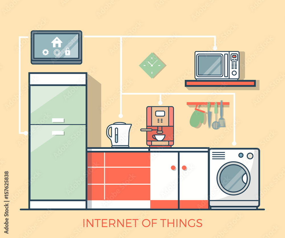 Poster linear flat kitchen control vector. internet of things smart app