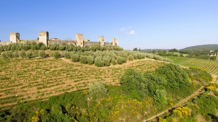 Fototapeta na wymiar Beautiul aerial view of Monteriggioni, Tuscany medieval town on the hill