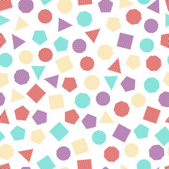Seamless  geometric pattern with multicolored squares, triangles, circles, pentagons, hexagons and heptagons for tissue and postcards. Trendy geometric elements. Hipsters modern color background. 