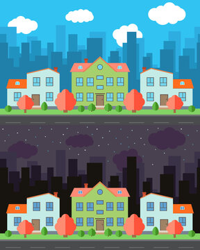 Vector city with three two-story cartoon houses in the day and night. Summer urban landscape. Street view with cityscape on a background
