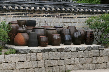Platform for crocks of sauces and condiments in old traditional house
