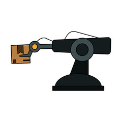 color image cartoon industrial mechanical robot arm with package vector illustration