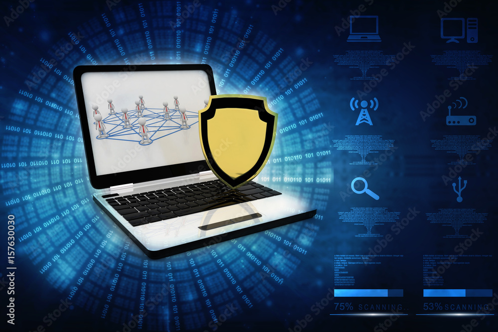 Poster 3d rendering laptop with shield