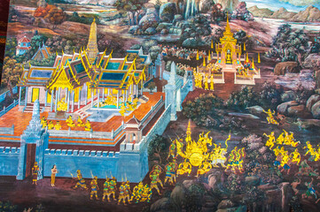 Thai Mural Paintings on the wall, Wat Phra Kaew at Bangkok, Thailand. The scenes of Ramayana story.