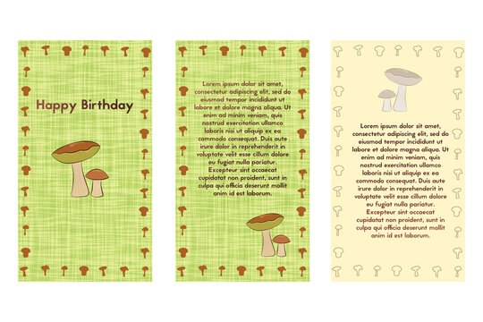 Happy Birthday greeting card. Postcard in green colors with a mushroom.