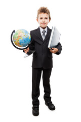 Fototapeta premium Child boy in business suit holding Earth globe and book
