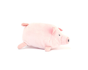 Closeup cute pink pig doll isolated on white background