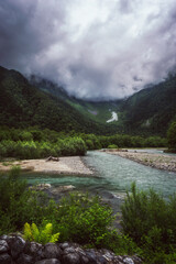 Fototapeta na wymiar Hotaka mountains and Azusa river in Kamikochi