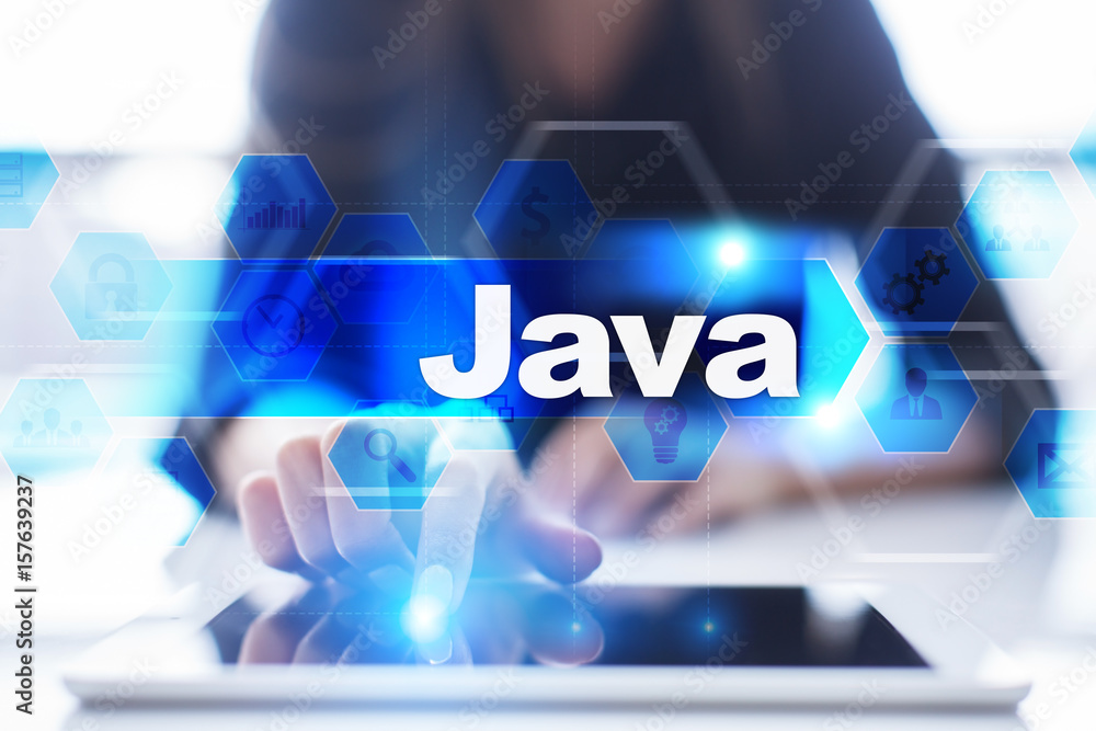 Poster woman using tablet pc, pressing on virtual screen and selecting java .