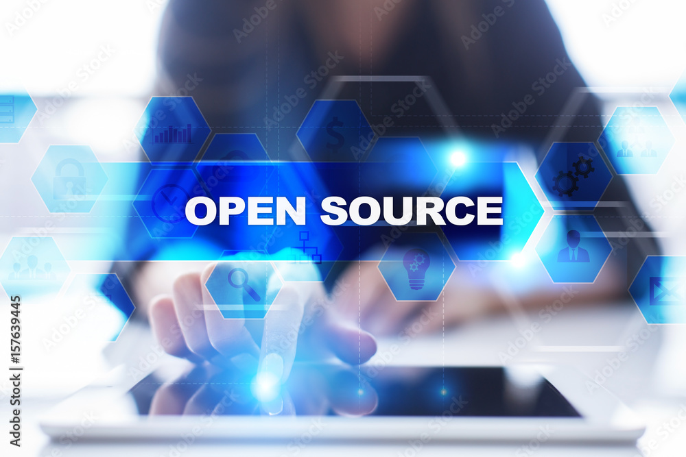 Poster woman using tablet pc, pressing on virtual screen and selecting open source.