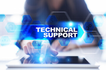 Woman using tablet pc, pressing on virtual screen and selecting technical support.